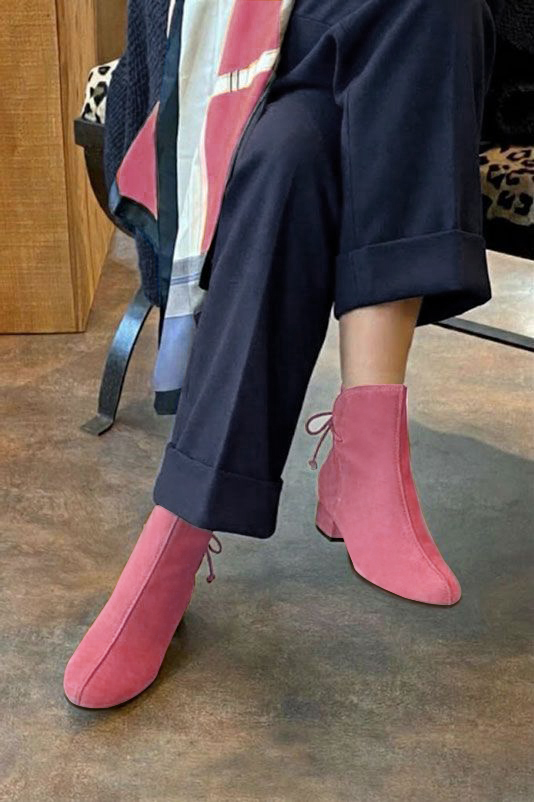 Women's blush pink back lace-up ankle boots with round toe and low block heel - Top view